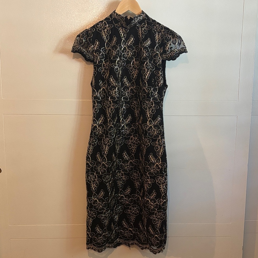 Alice + Olivia Black Midi Dress with Cream Floral Lace
